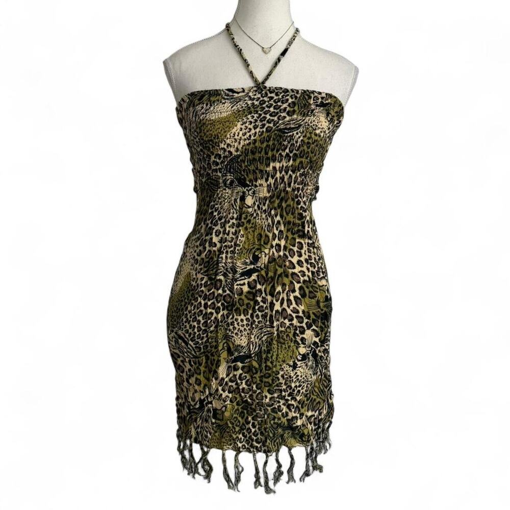 Strapless Leopard Print Mini Dress with Fringe